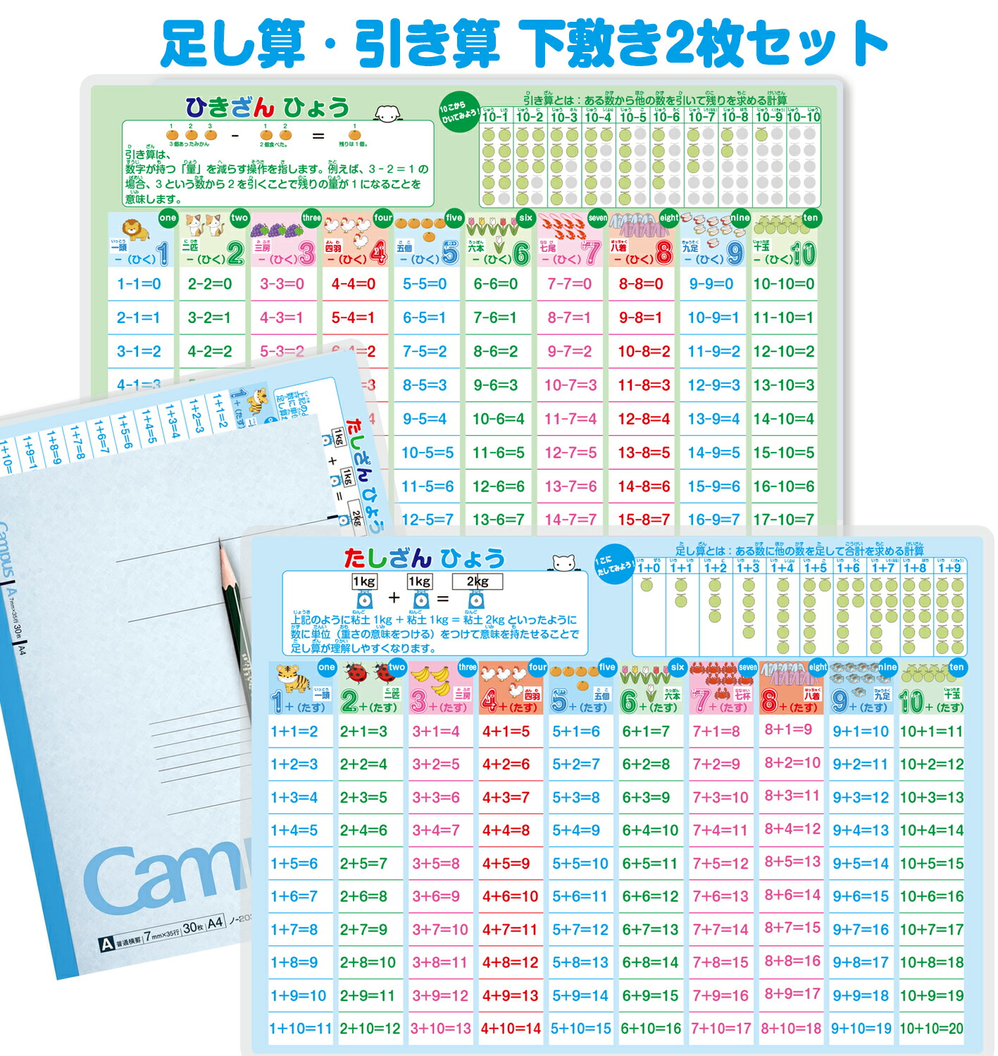 足し算＆引き算下敷き2枚セット（A4サイズ）