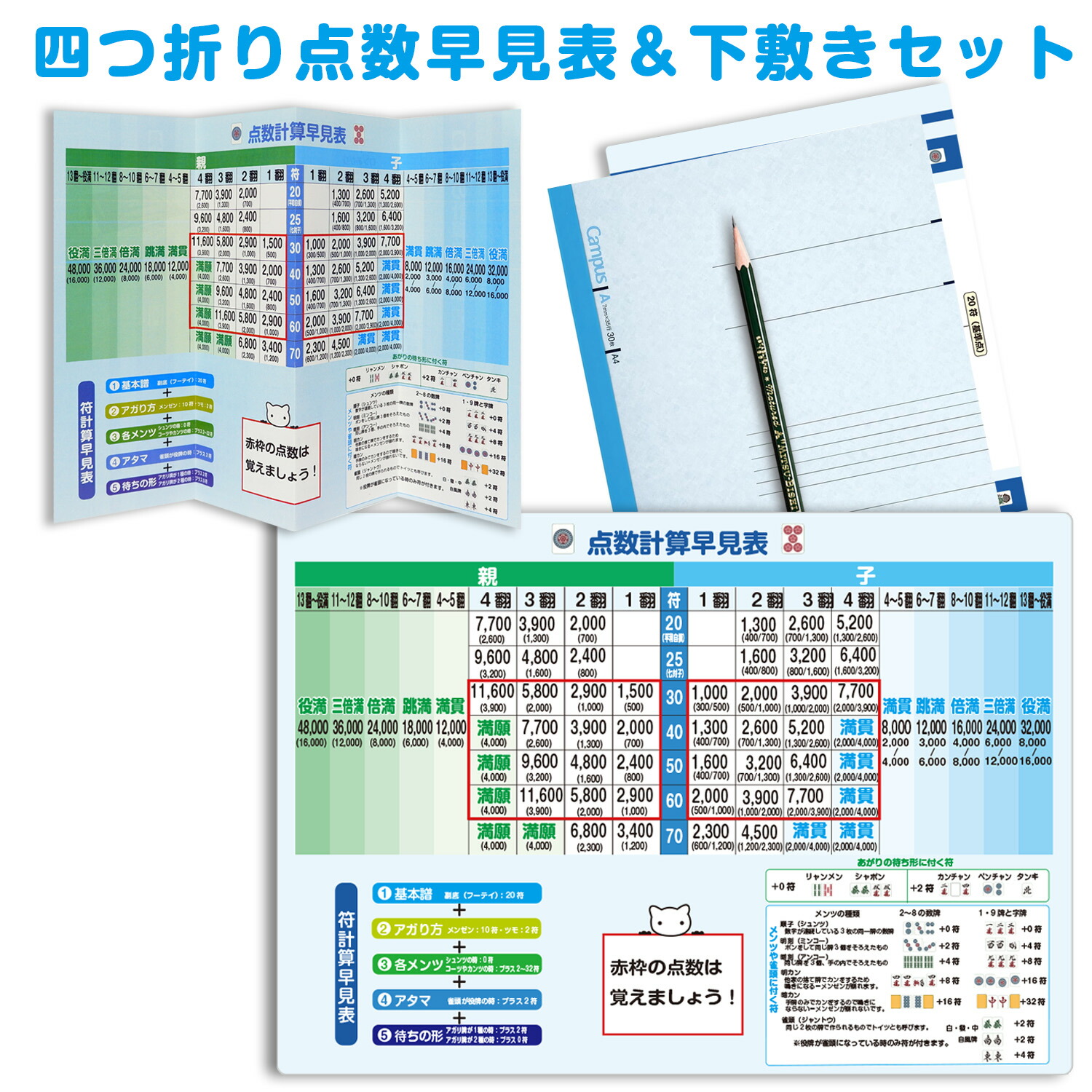 四つ折り麻雀点数計算早見表&下敷きセット