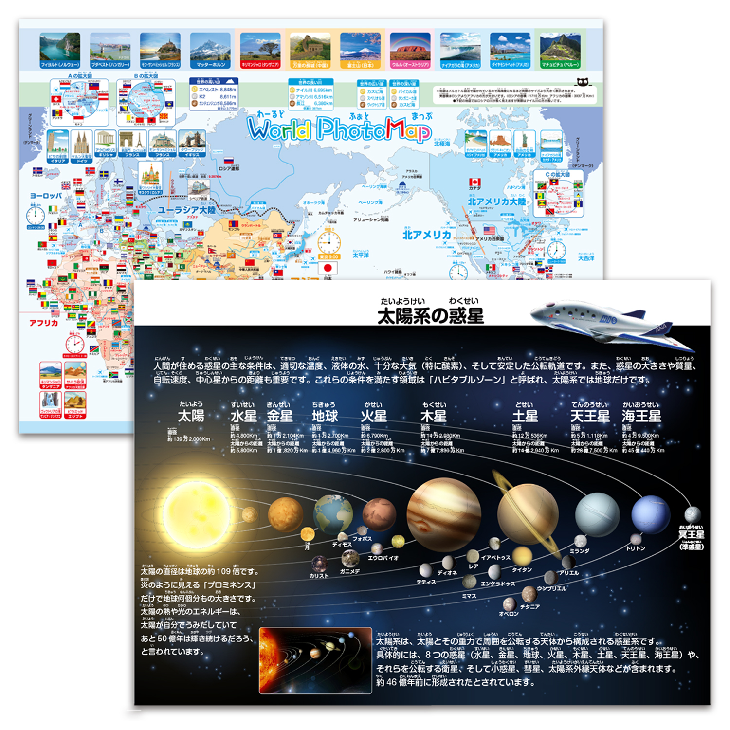 世界地図＆宇宙地図（太陽系）お風呂ポスター 2枚セット