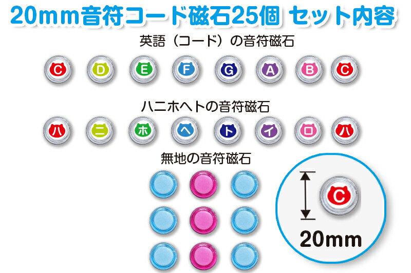 20mm音符コード磁石25個セット(ハニホヘト＆英語（コード）＆無地)